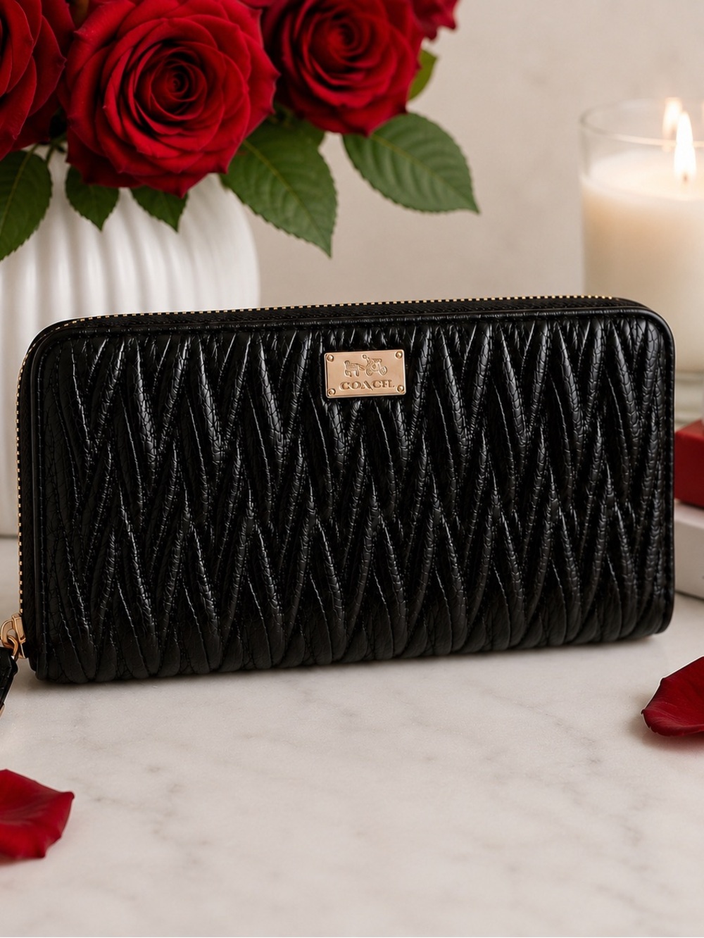 COACH Ruched Black Leather Zip Wallet